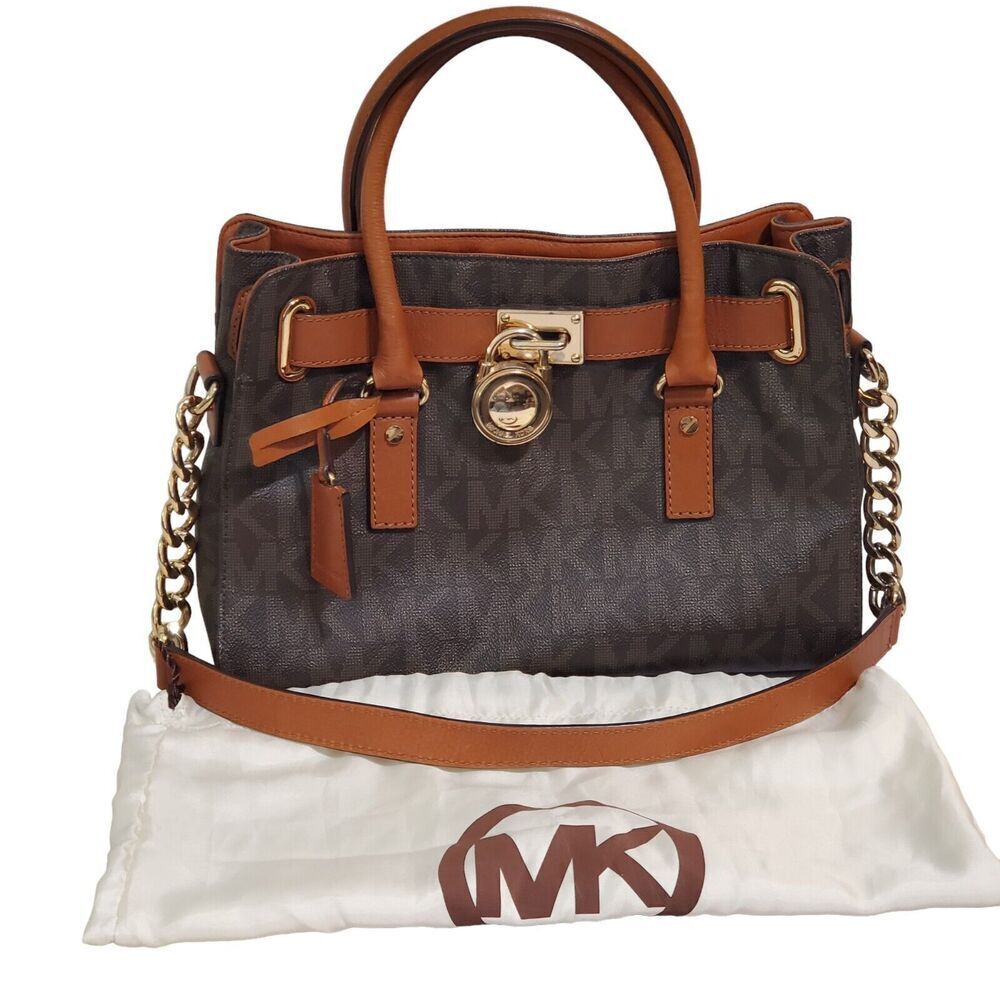 Michael Kors Hamilton bag Satchel Brown Logo Canvas Gold Chain Lock Shoulder